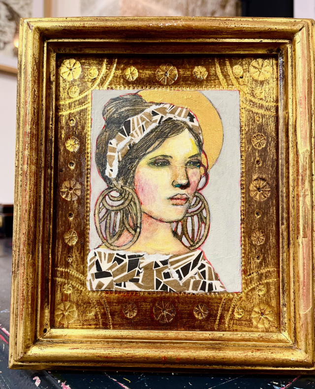 "L'italienne" 19x22cm, sur bois doré ancien / 195 eur